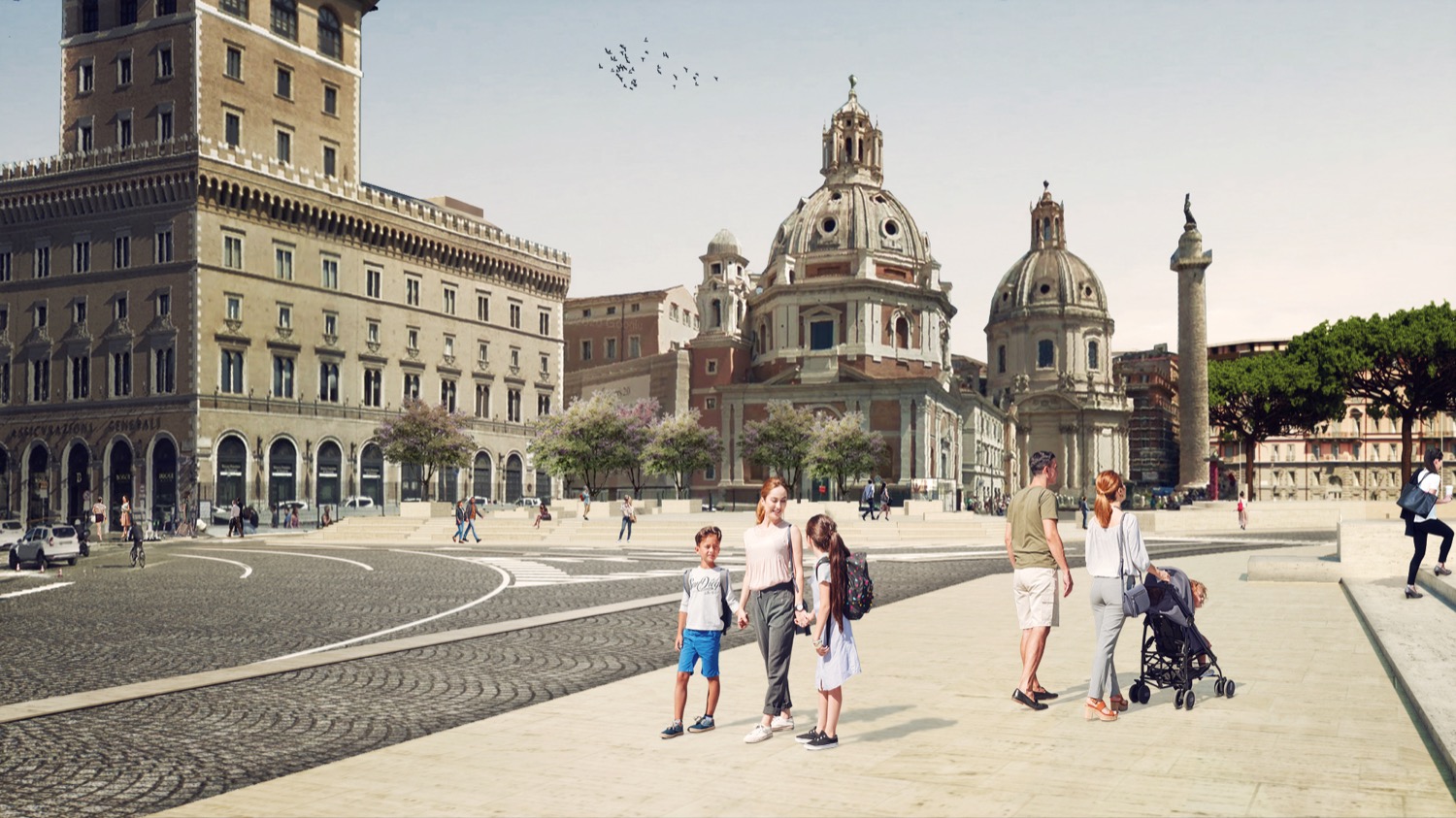 Render Piazza Venezia Ateneo di Adriano - esterno da scalinate Vittoriano